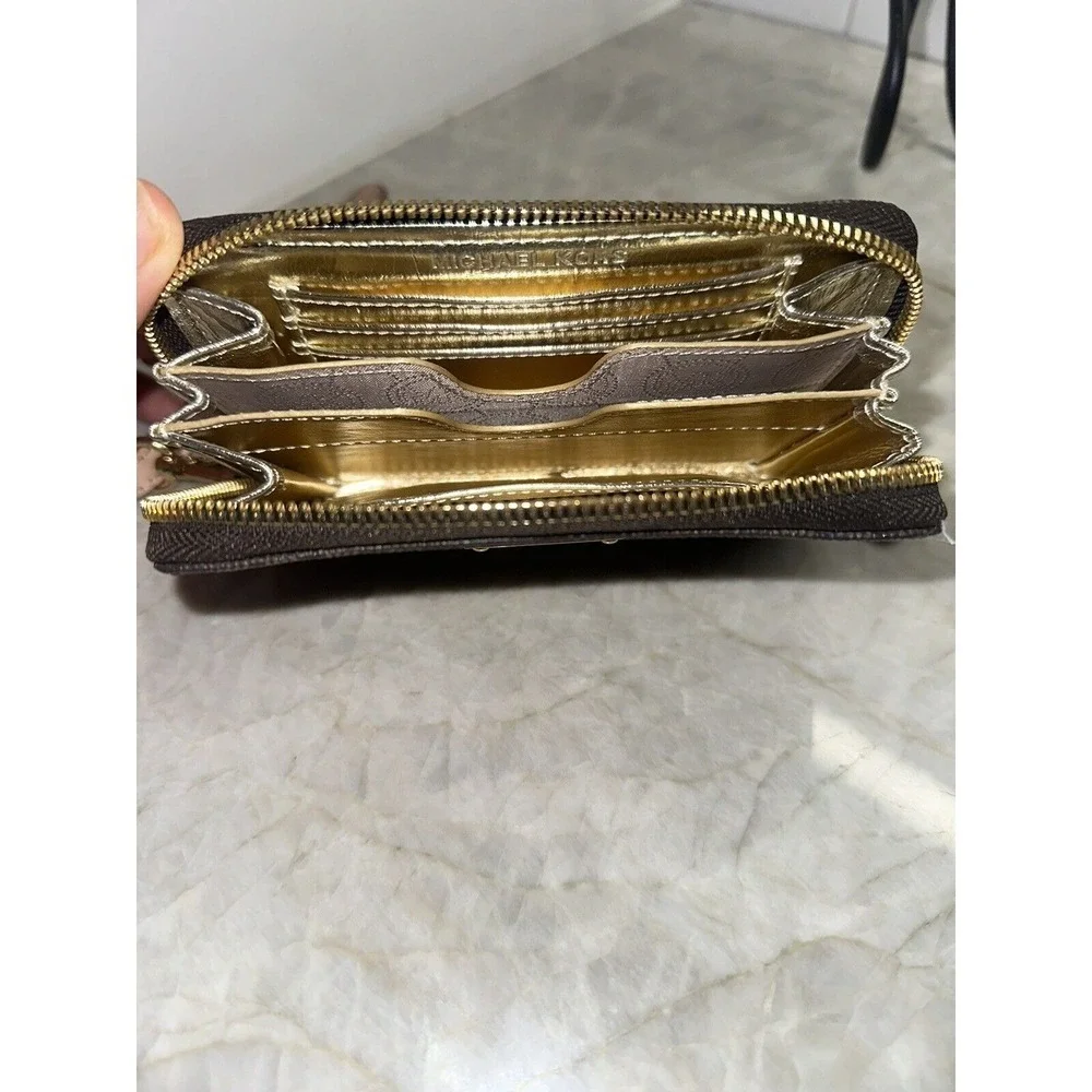 Michael Kors Patent Leather Wristlet Wallet Monogram Gold Black Zip Designer